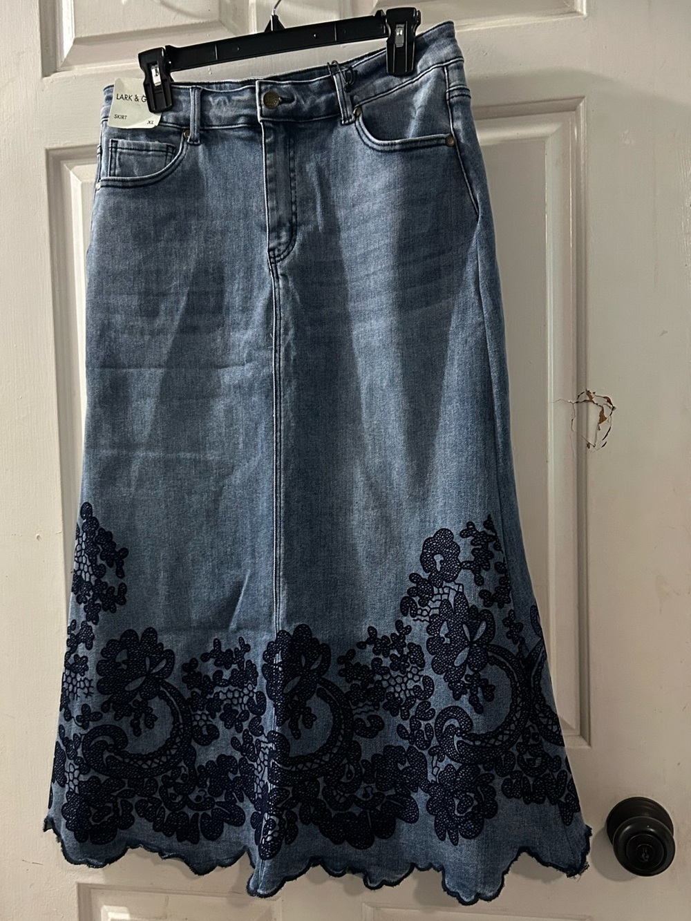 Embroidered Denim Midi Skirt in Light Blue with Navy Floral Trim